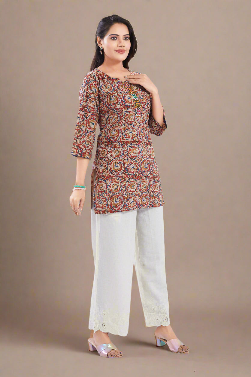 Vismi Maroon Cotton Handcrafted Kamlakari Short Kurti for Women