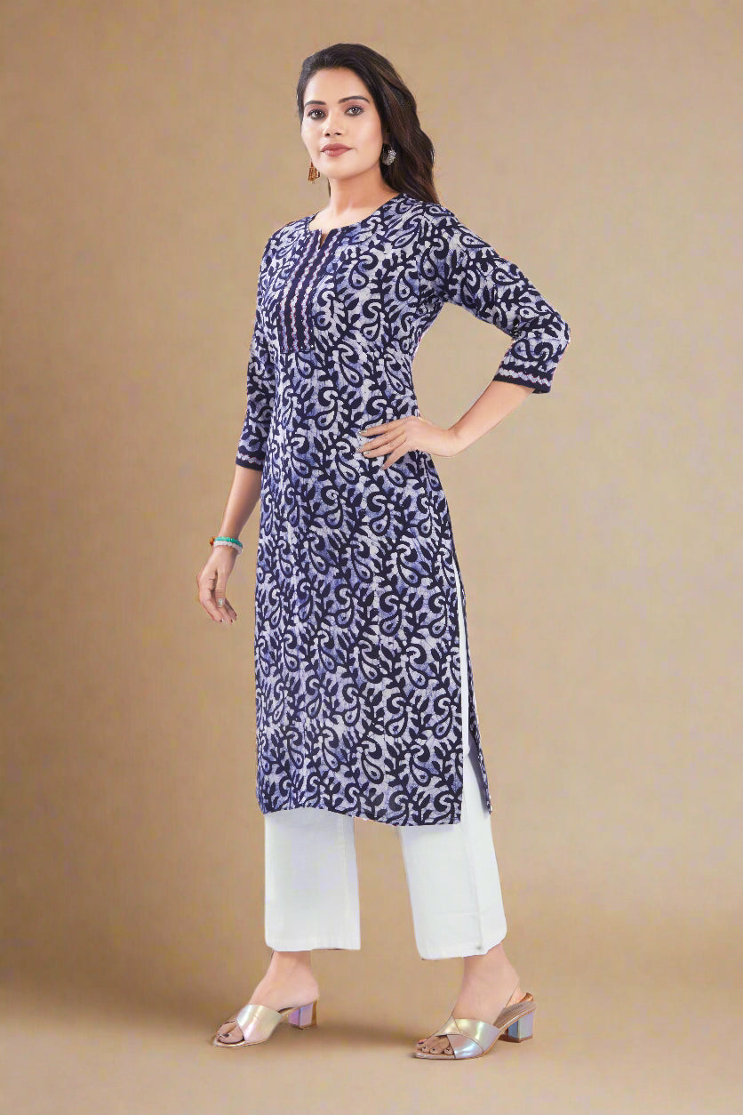 Vismi Navy Blue Pure Batik Cotton Kurti for Women