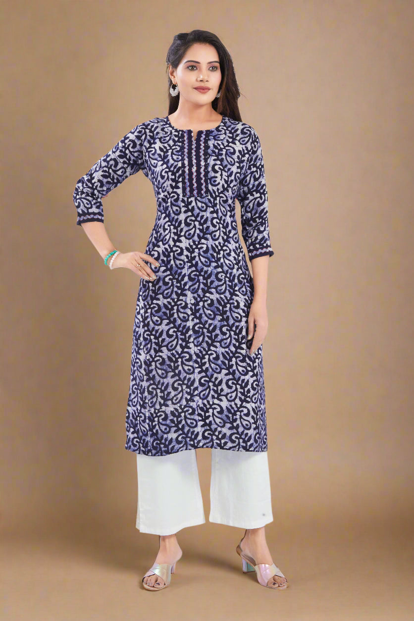 Vismi Navy Blue Pure Batik Cotton Kurti for Women