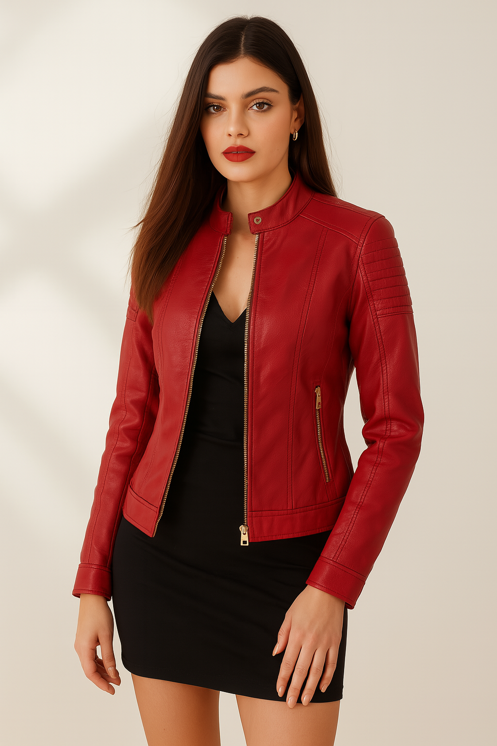 Fierce Scarlet Edge Moto Jacket with Quilted Power Shoulders