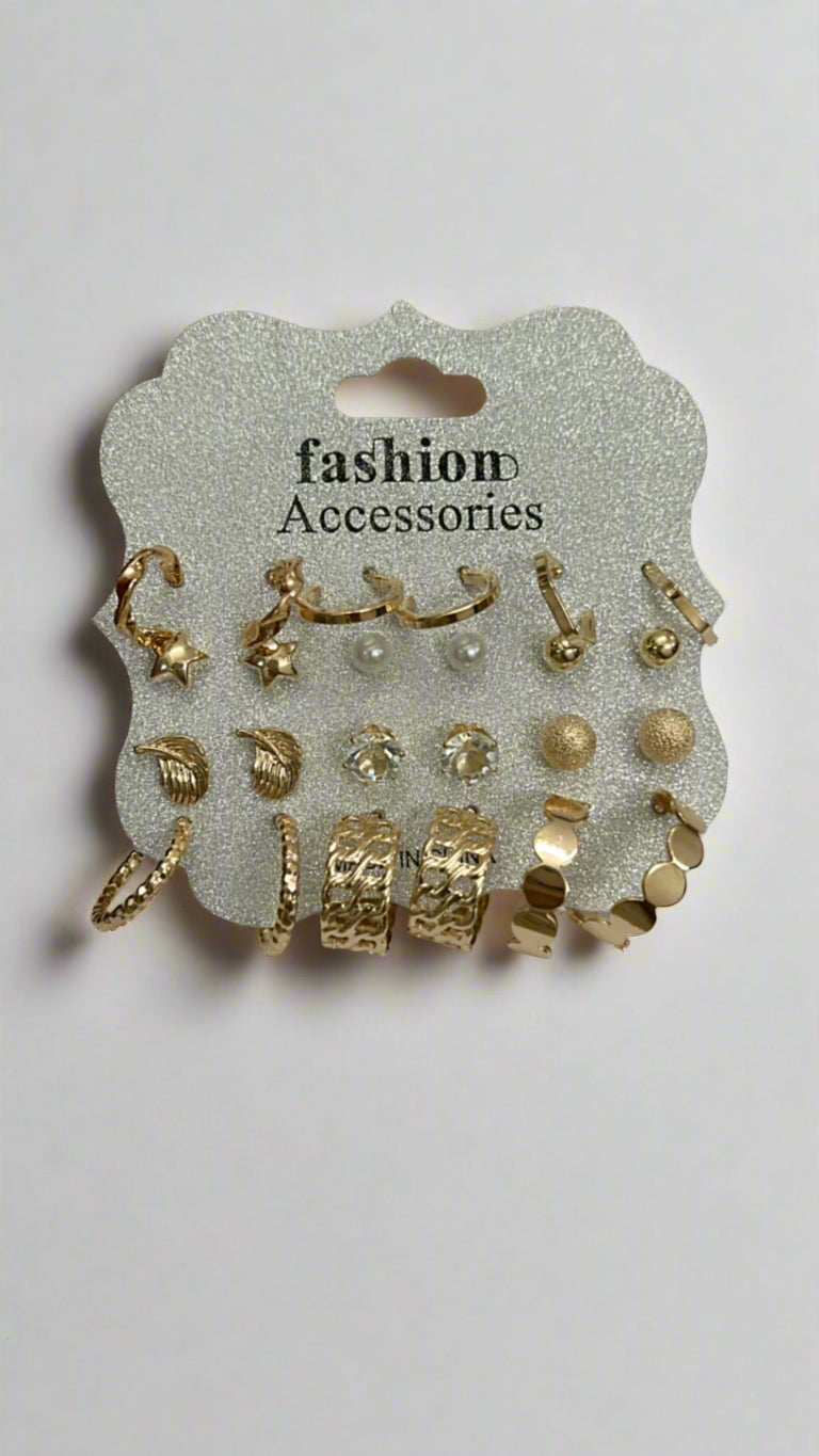 12-Pair Gold-Tone Earring Set – Studs, Hoops & Cuffs Combo