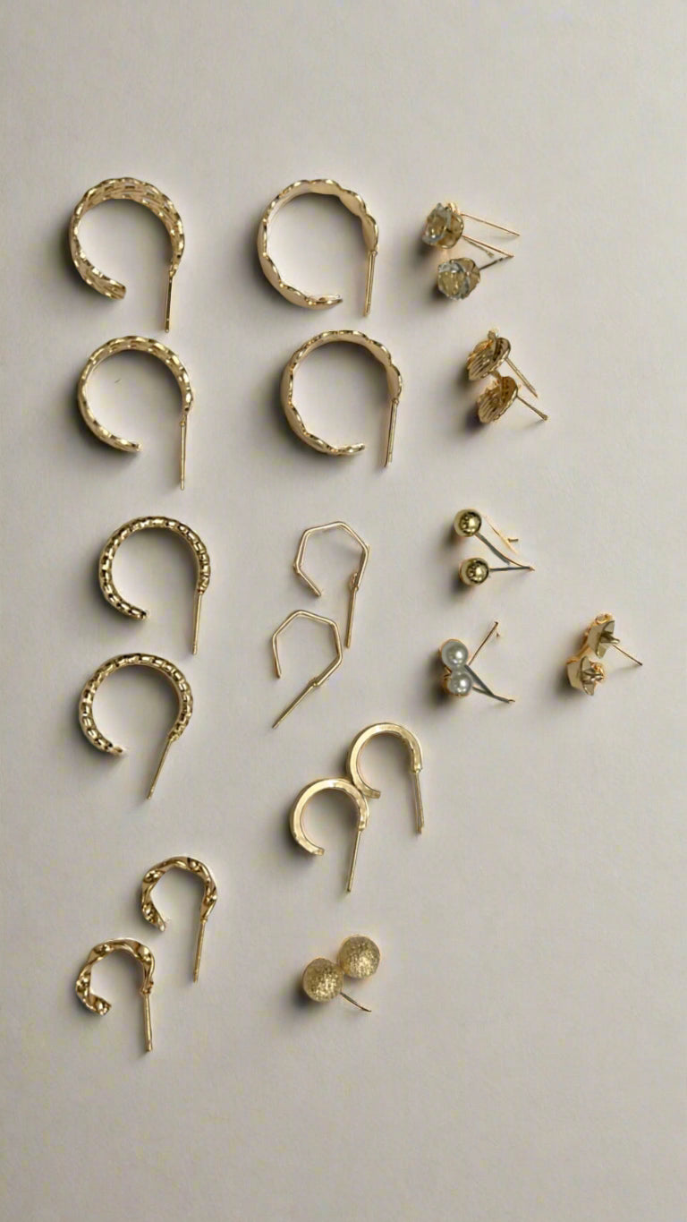 12-Pair Gold-Tone Earring Set – Studs, Hoops & Cuffs Combo