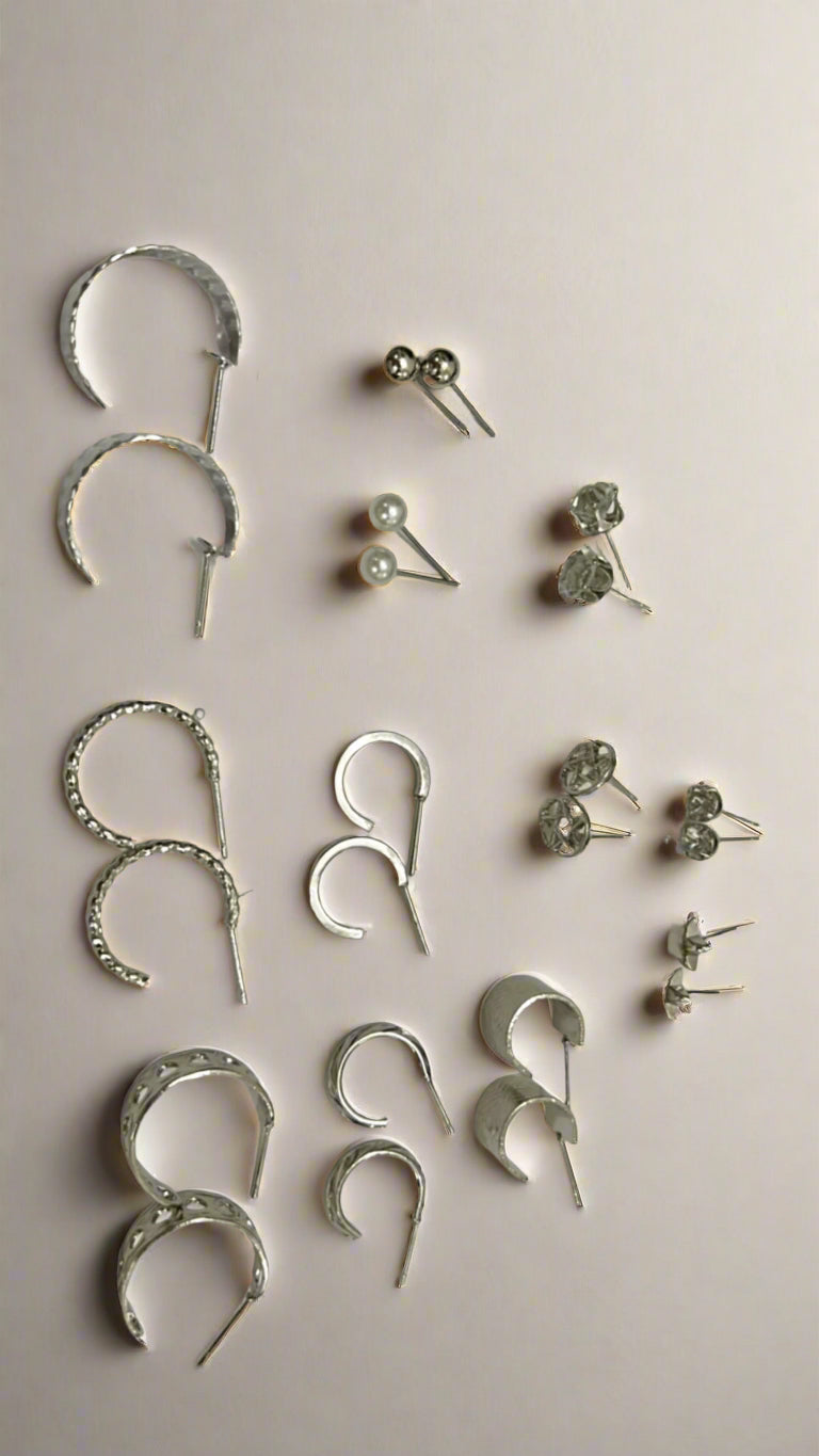 12-Pair Silver-Tone Earring Set – Hoops, Studs & Cuffs Variety Pack