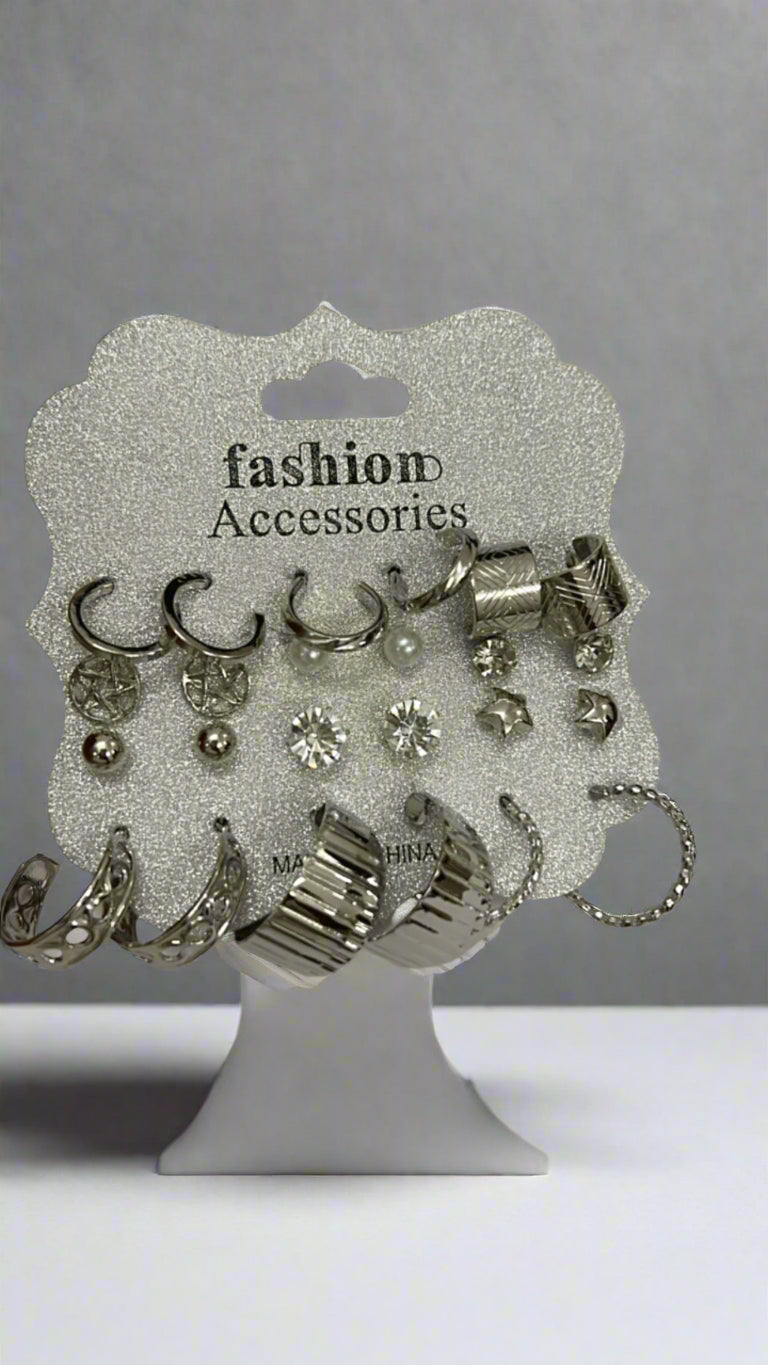 12-Pair Silver-Tone Earring Set – Hoops, Studs & Cuffs Variety Pack