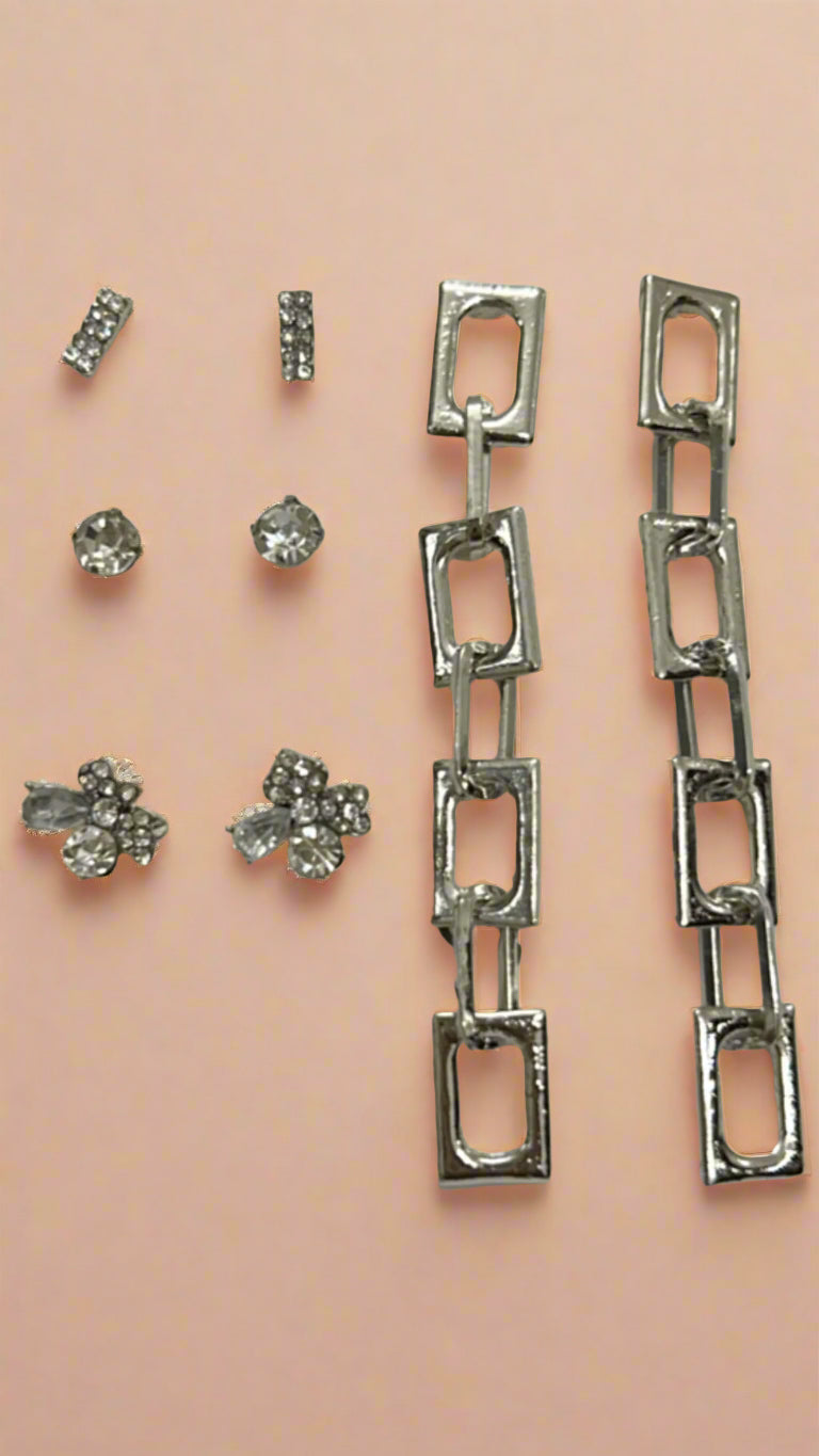 Chic 4-Pair Silver Earring Set – Studs & Dangles Combo