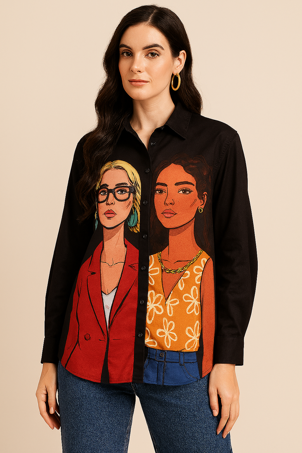 Bold Portrait Graphic Button-Down Shirt
