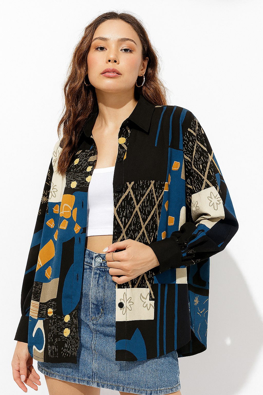 Multicolor Abstract Print Oversized Shirt with Button Down Front