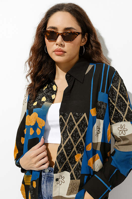 Multicolor Abstract Print Oversized Shirt with Button Down Front