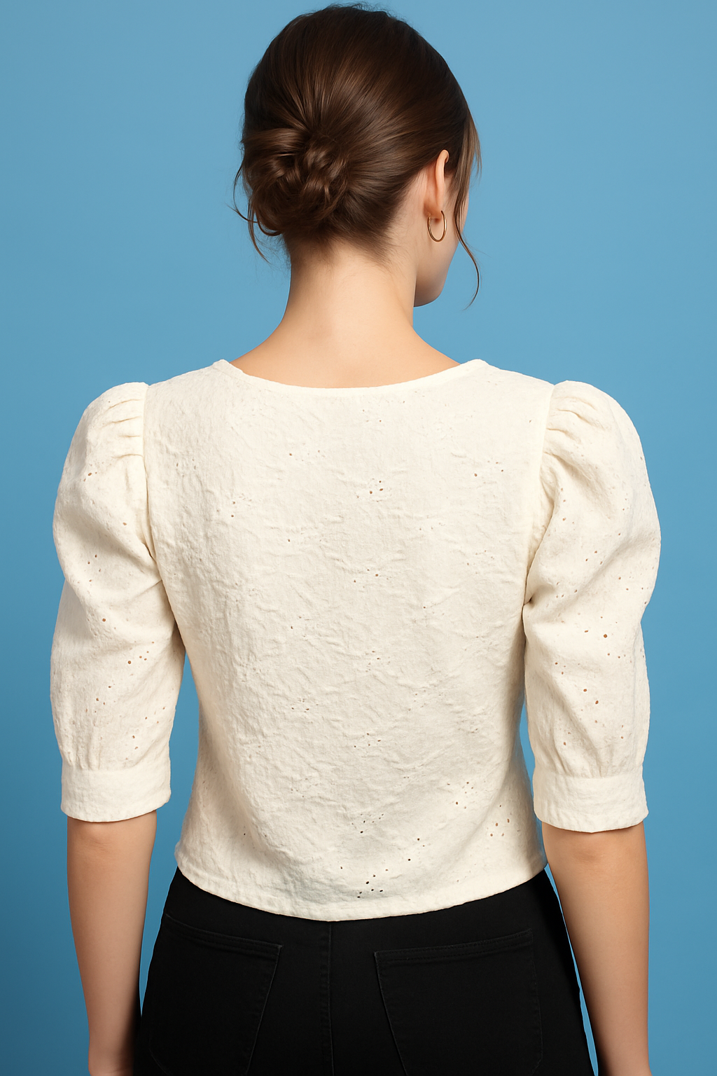 Cream Threadwork Puff Sleeve Crop Top with Embellished Neck Detail