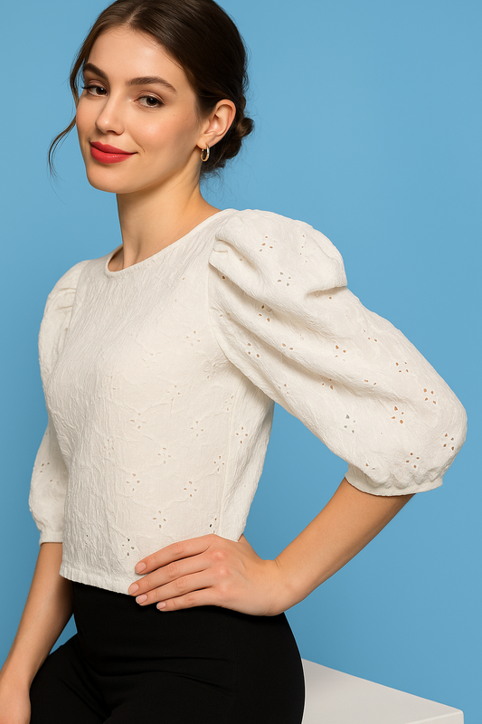 Cream Threadwork Puff Sleeve Crop Top with Embellished Neck Detail
