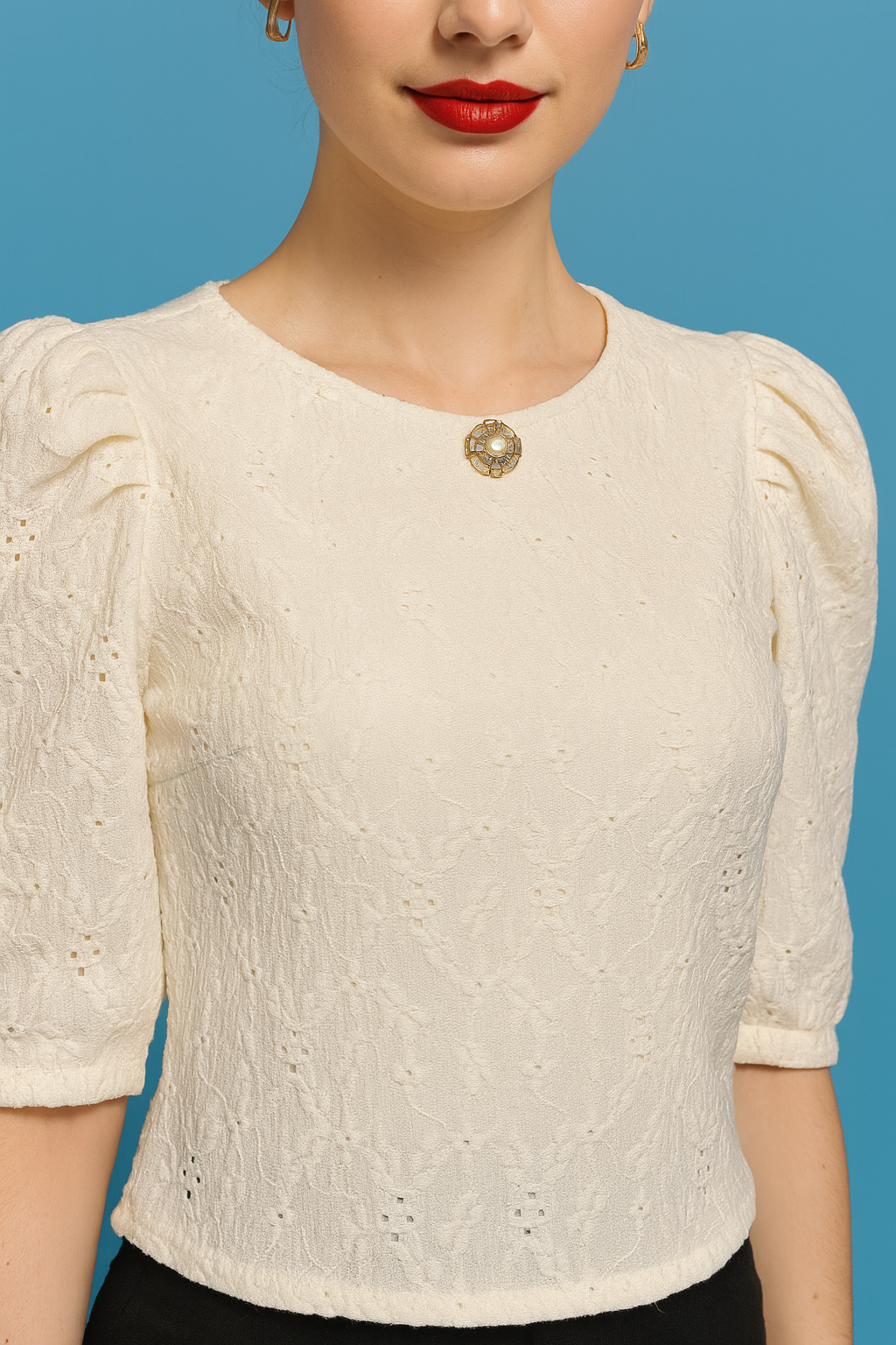 Cream Threadwork Puff Sleeve Crop Top with Embellished Neck Detail