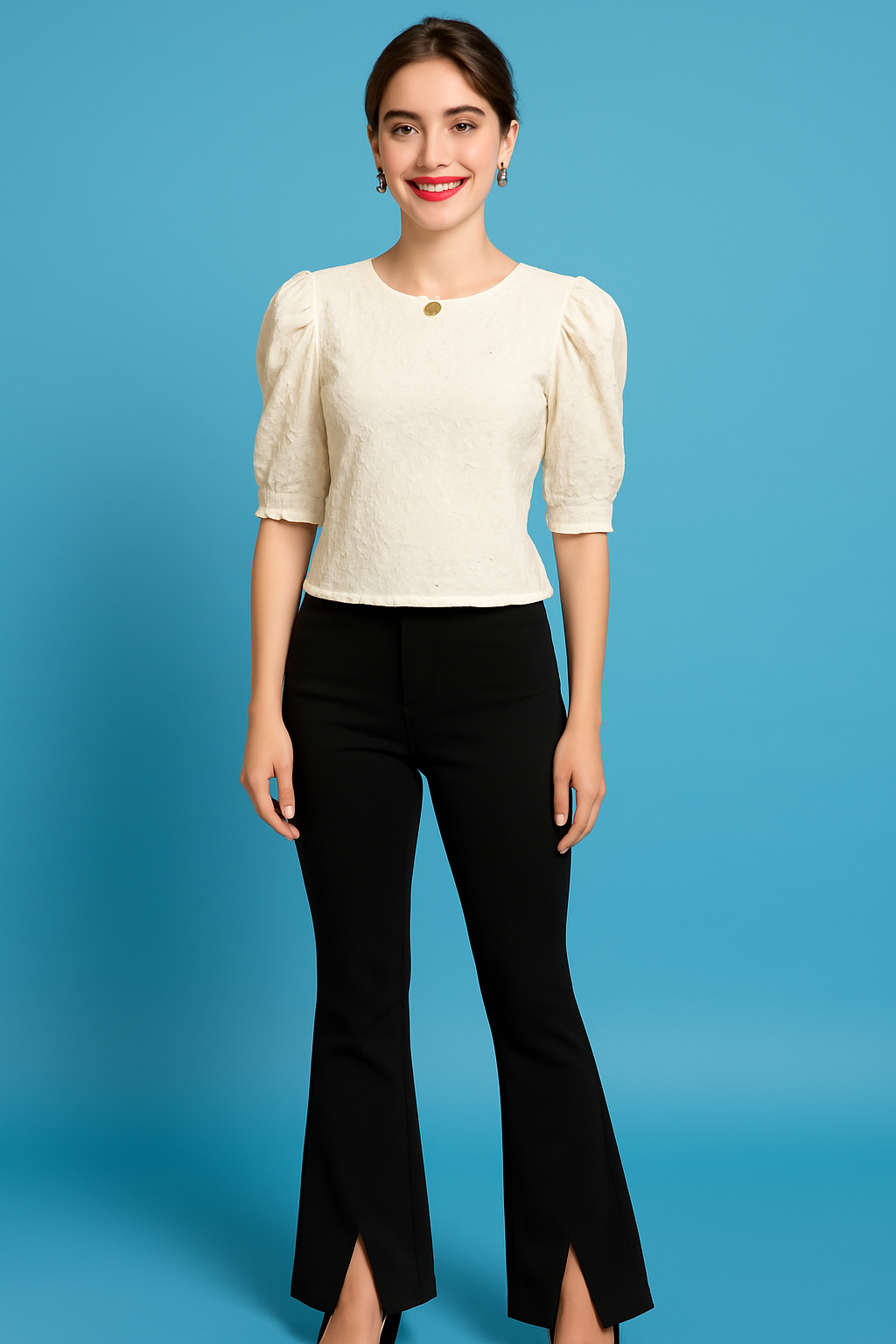 Cream Threadwork Puff Sleeve Crop Top with Embellished Neck Detail