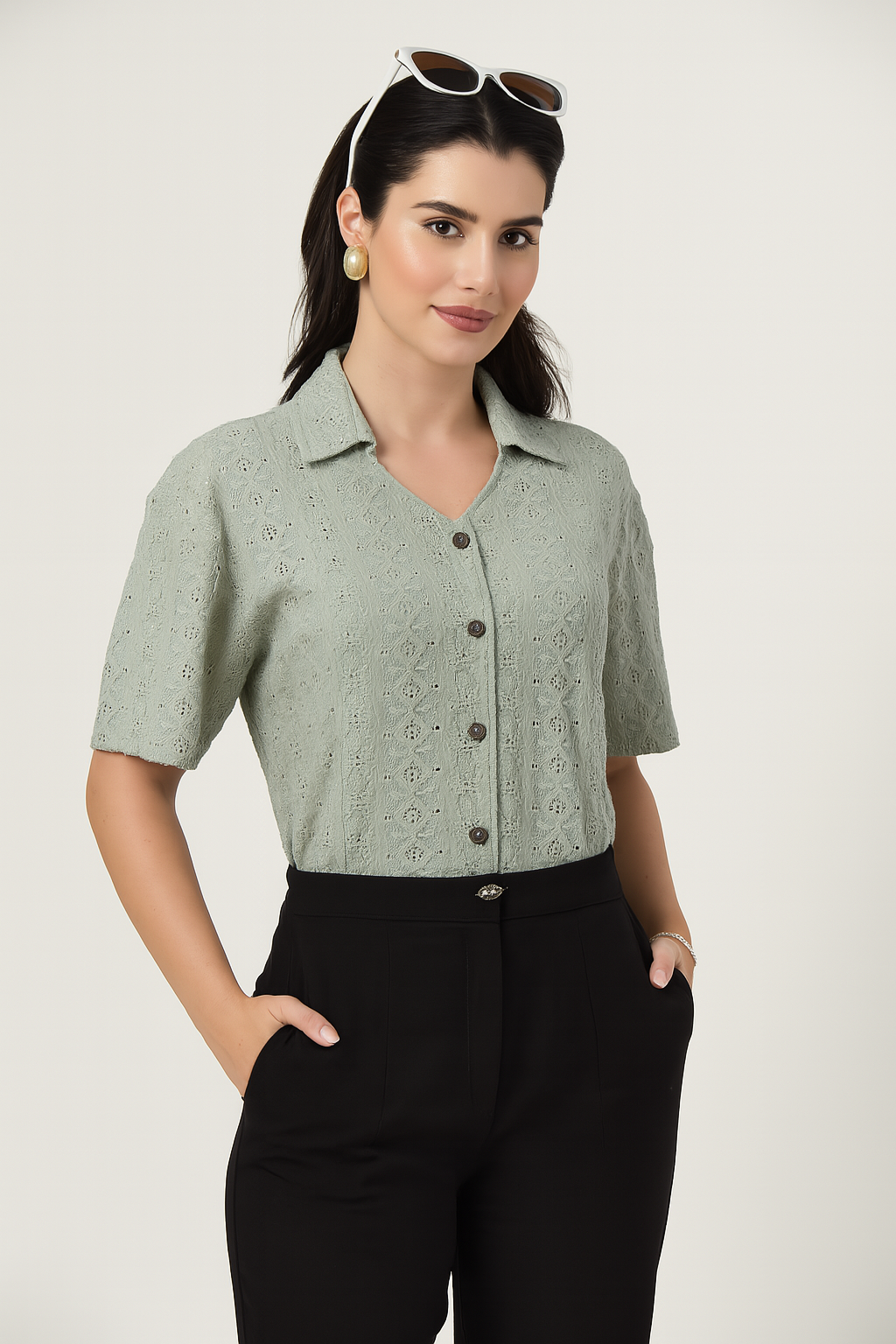 Sage Green Grace Embroidered Button-Down Shirt
