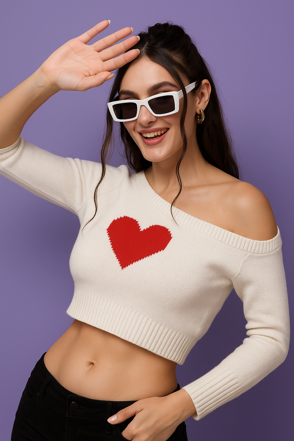 White Rib-Knit Crop Top with Red Heart Detail