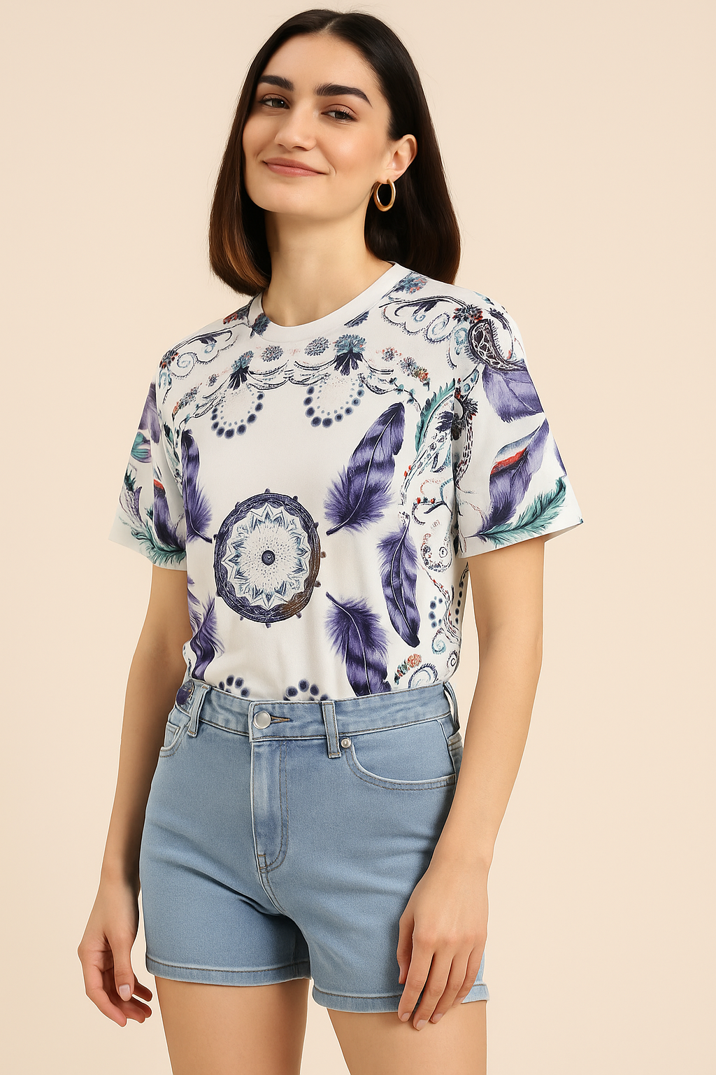 Boho Feather & Mandala Print T-Shirt with Ribbed Neckline