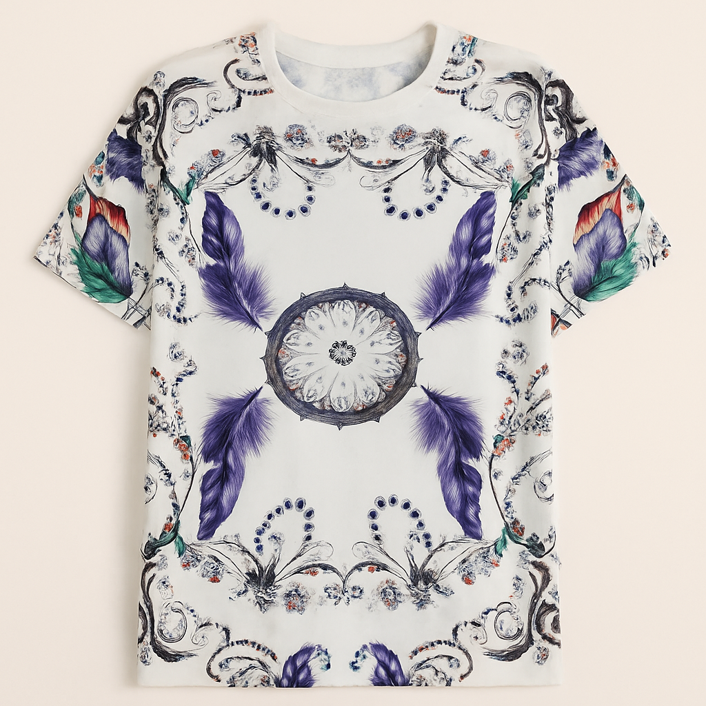 Boho Feather & Mandala Print T-Shirt with Ribbed Neckline