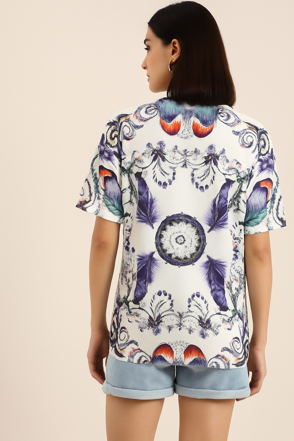 Boho Feather & Mandala Print T-Shirt with Ribbed Neckline