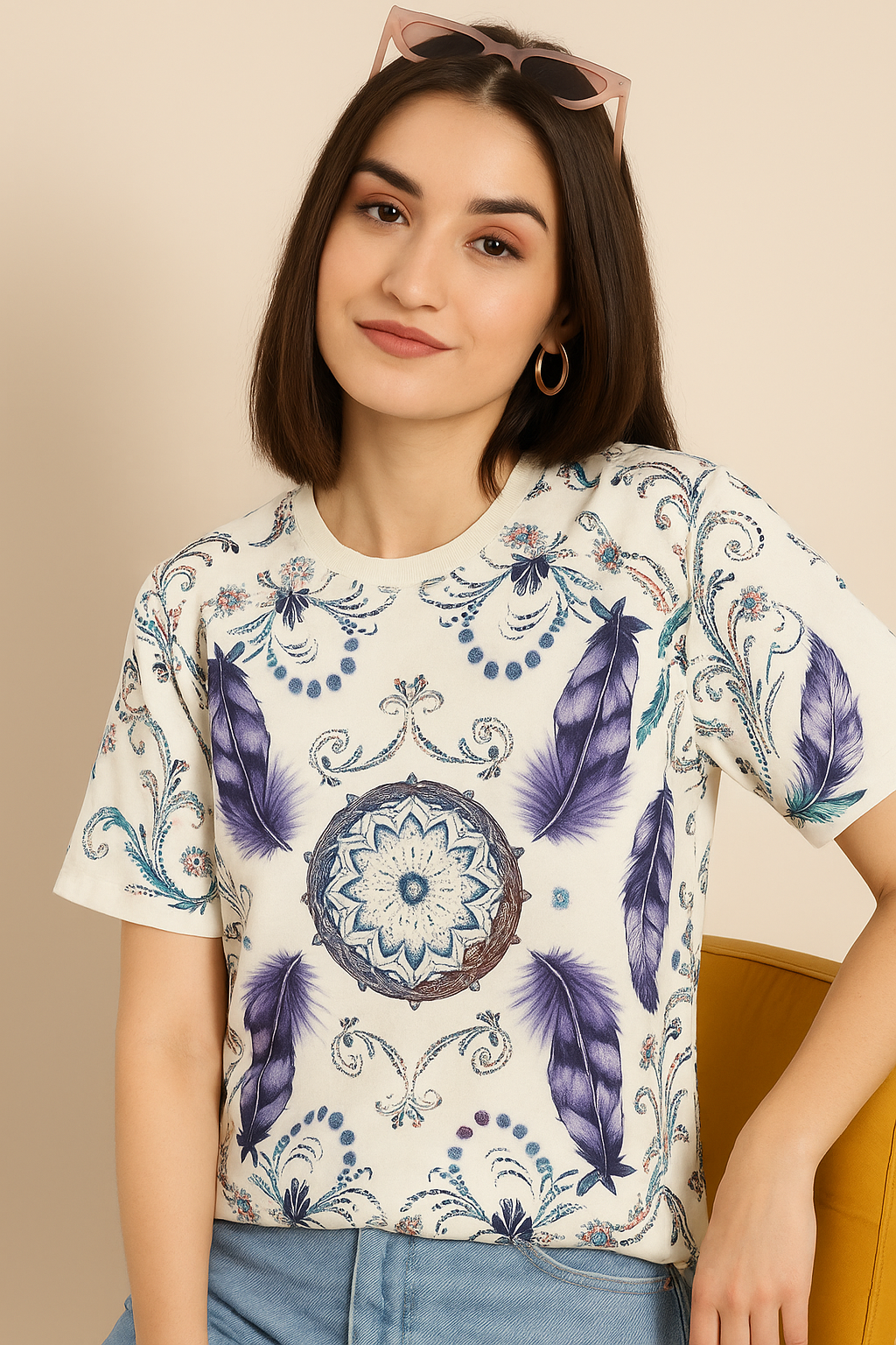 Boho Feather & Mandala Print T-Shirt with Ribbed Neckline