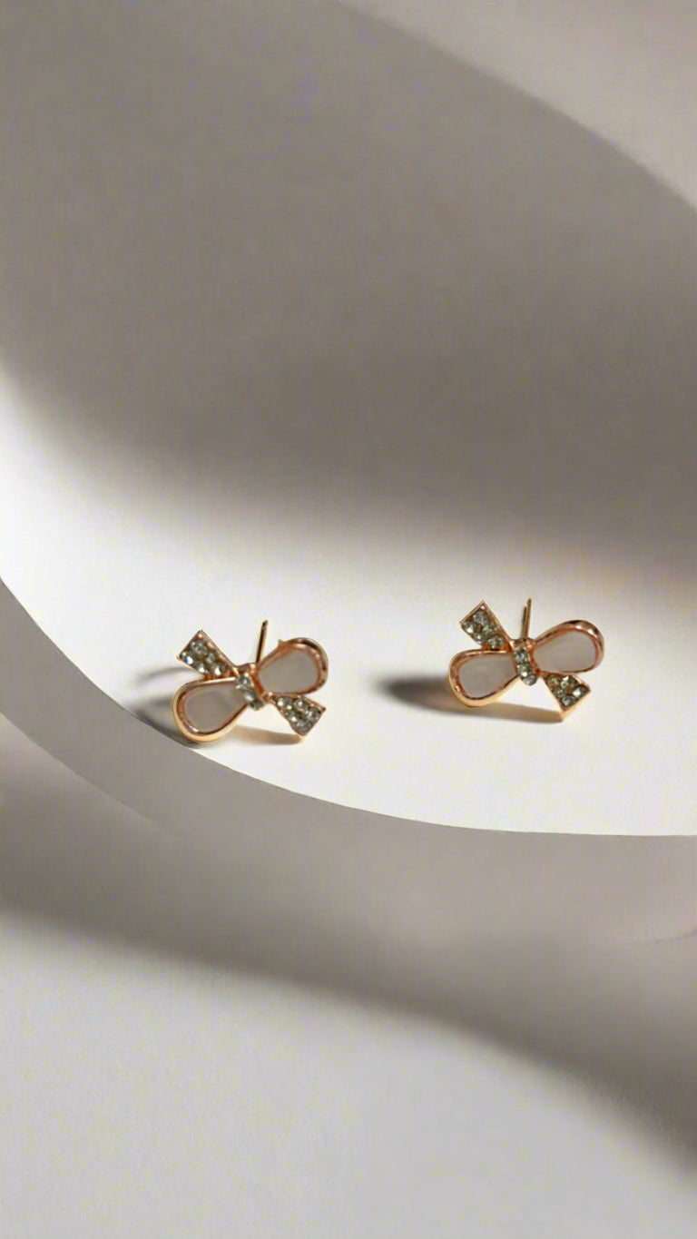 Rose Gold Bow Stud Earrings with Crystal Accents