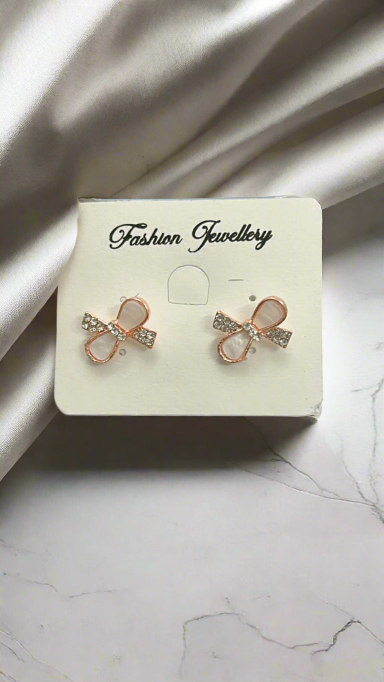 Rose Gold Bow Stud Earrings with Crystal Accents