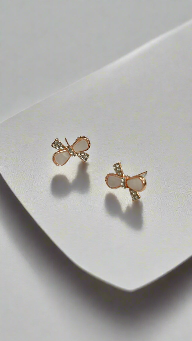 Rose Gold Bow Stud Earrings with Crystal Accents