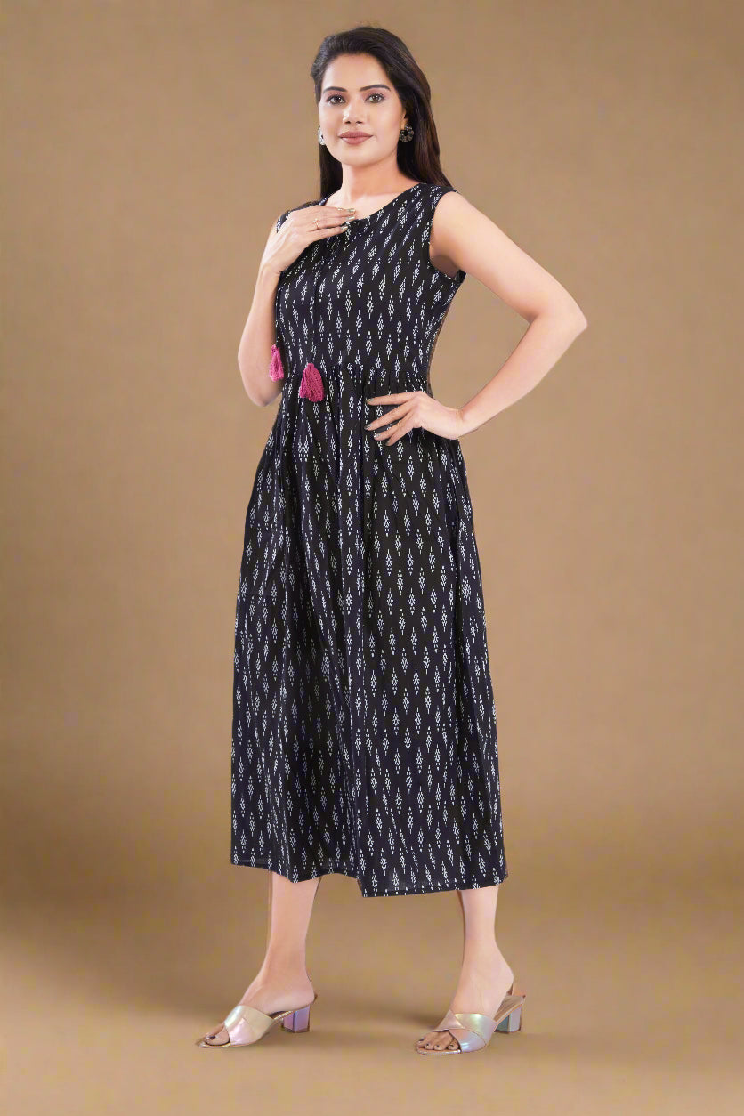 Black Cotton Jaipuri Printed Midi Dress