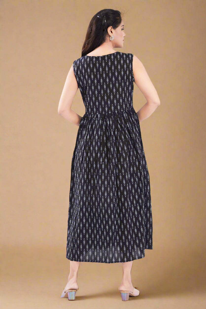 Black Cotton Jaipuri Printed Midi Dress