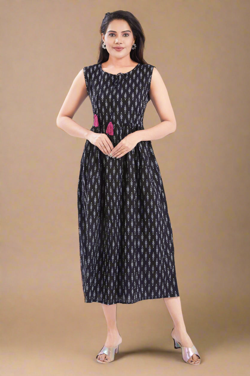 Black Cotton Jaipuri Printed Midi Dress