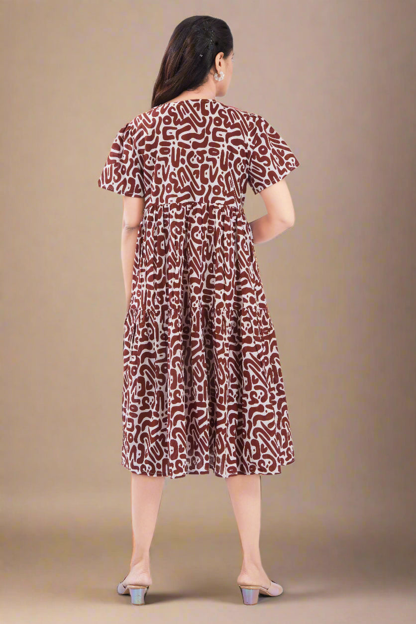 Brown Cotton Jaipuri Printed Midi Dress