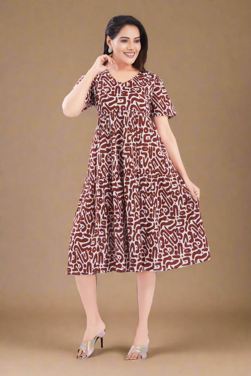 Brown Cotton Jaipuri Printed Midi Dress