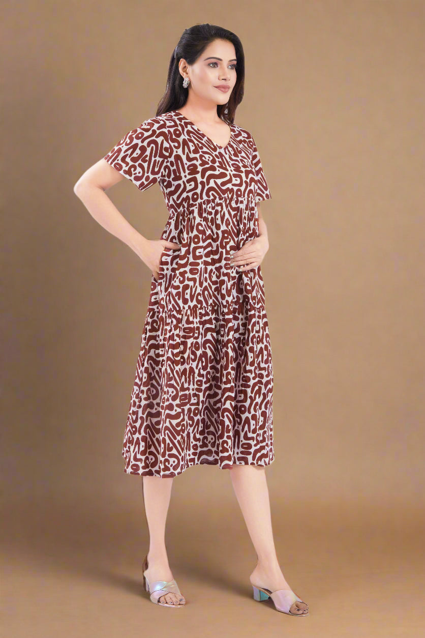 Brown Cotton Jaipuri Printed Midi Dress