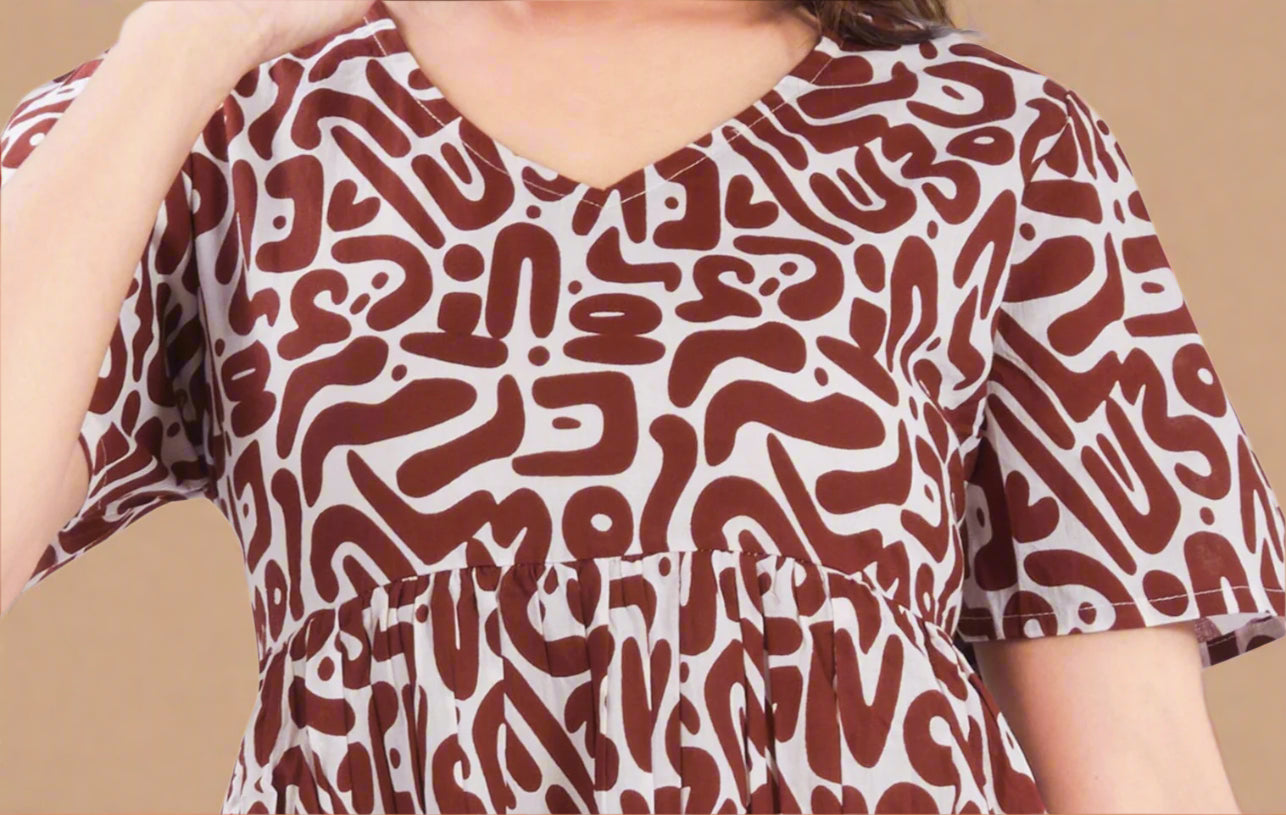 Brown Cotton Jaipuri Printed Midi Dress