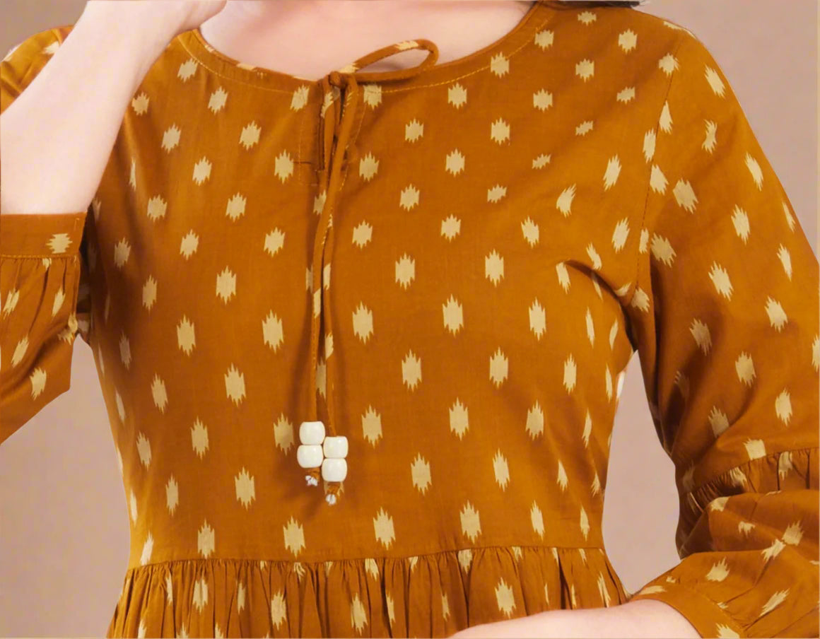 Mustard Cotton Jaipuri Printed Midi Dress