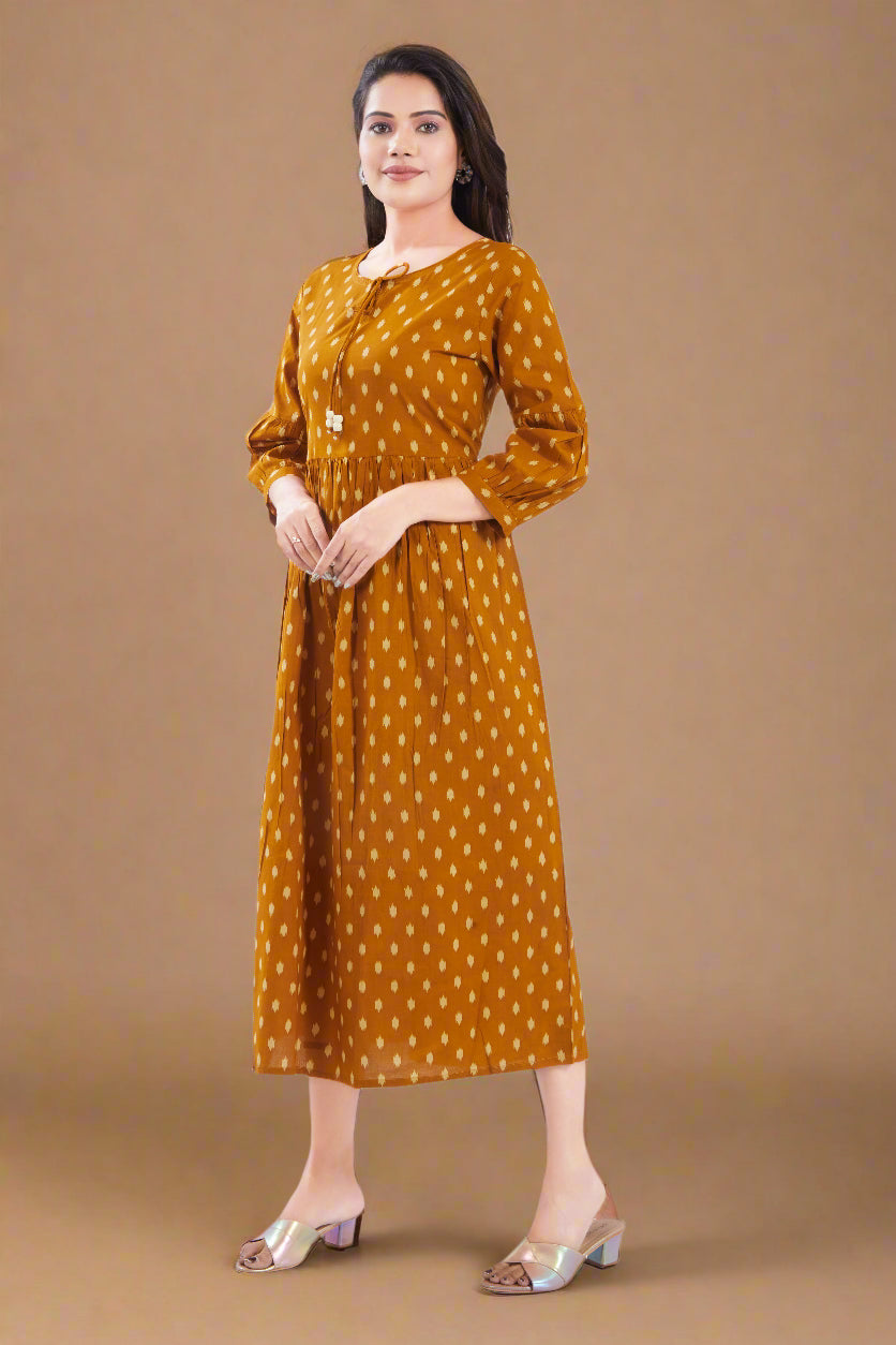Mustard Cotton Jaipuri Printed Midi Dress
