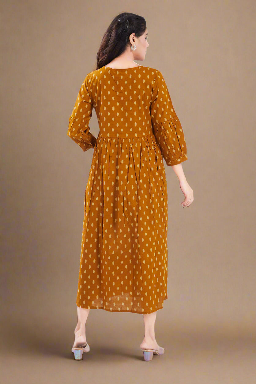 Mustard Cotton Jaipuri Printed Midi Dress