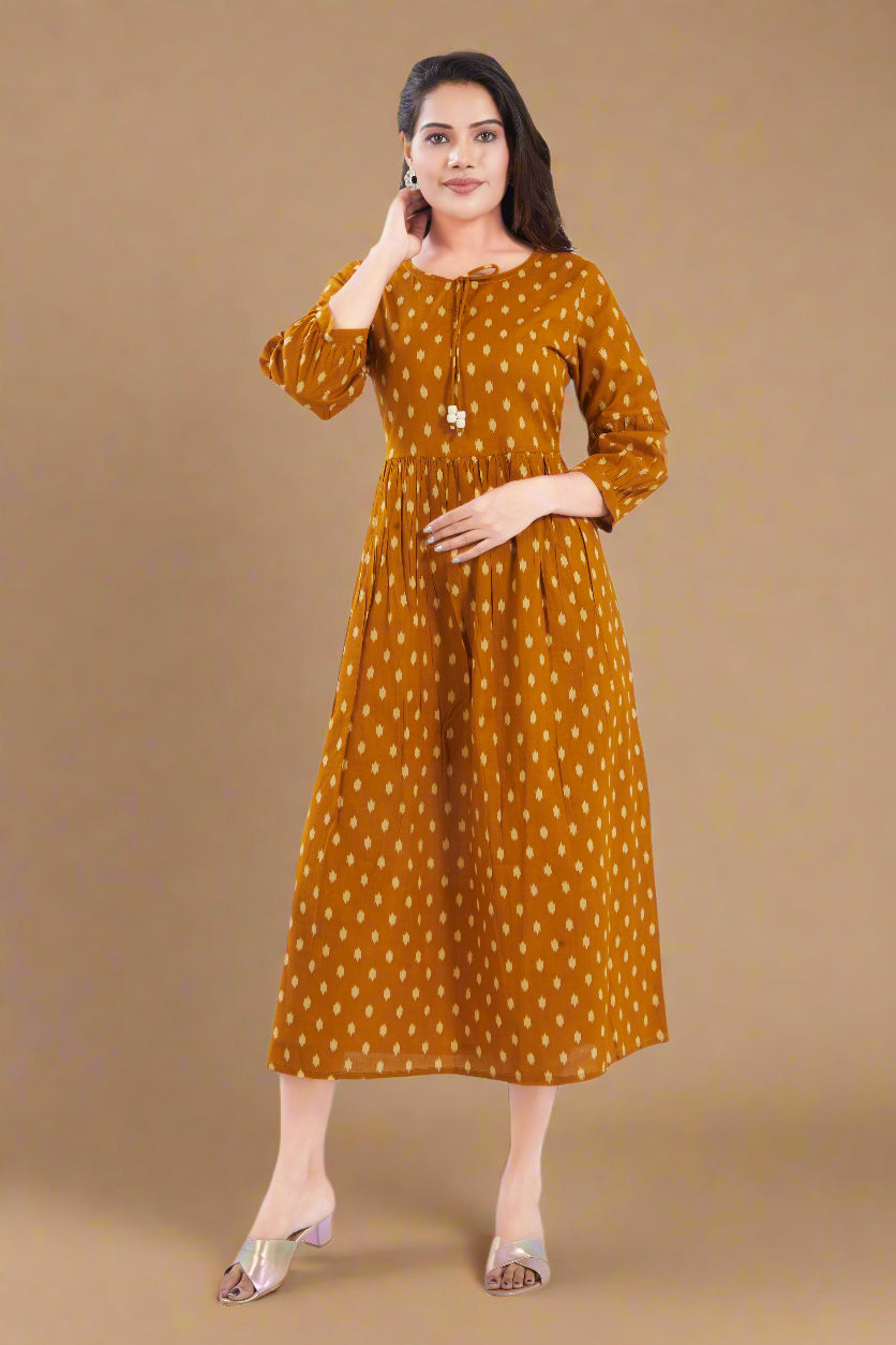 Mustard Cotton Jaipuri Printed Midi Dress