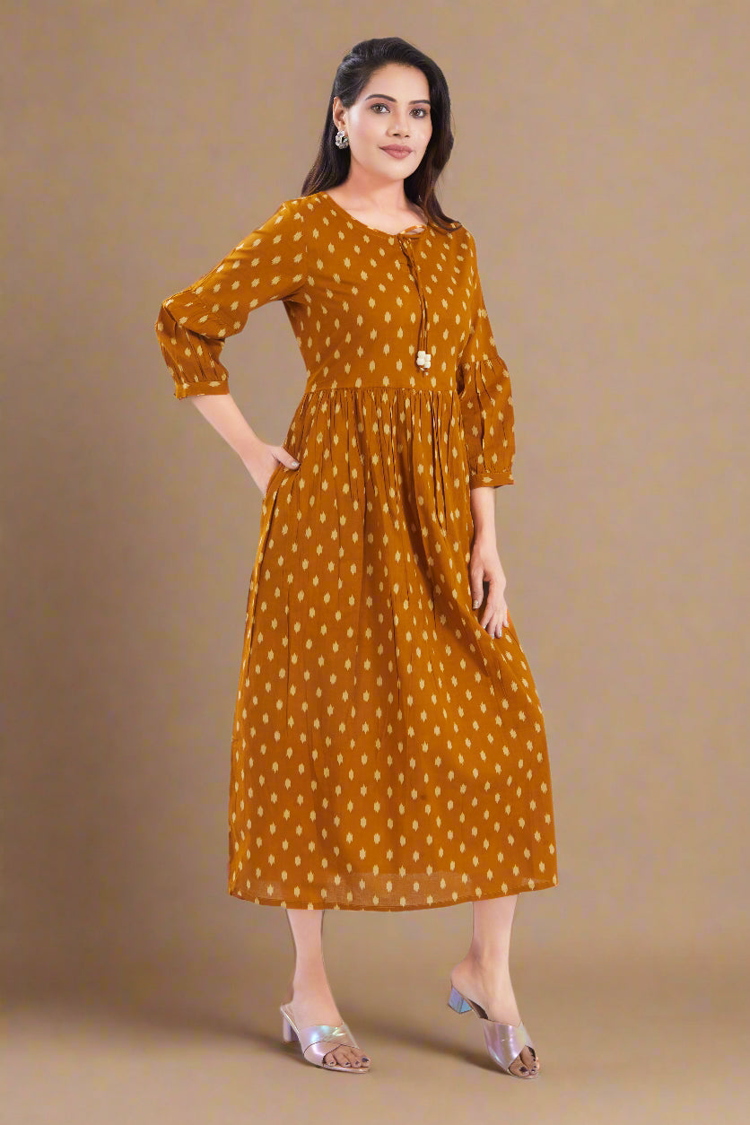 Mustard Cotton Jaipuri Printed Midi Dress