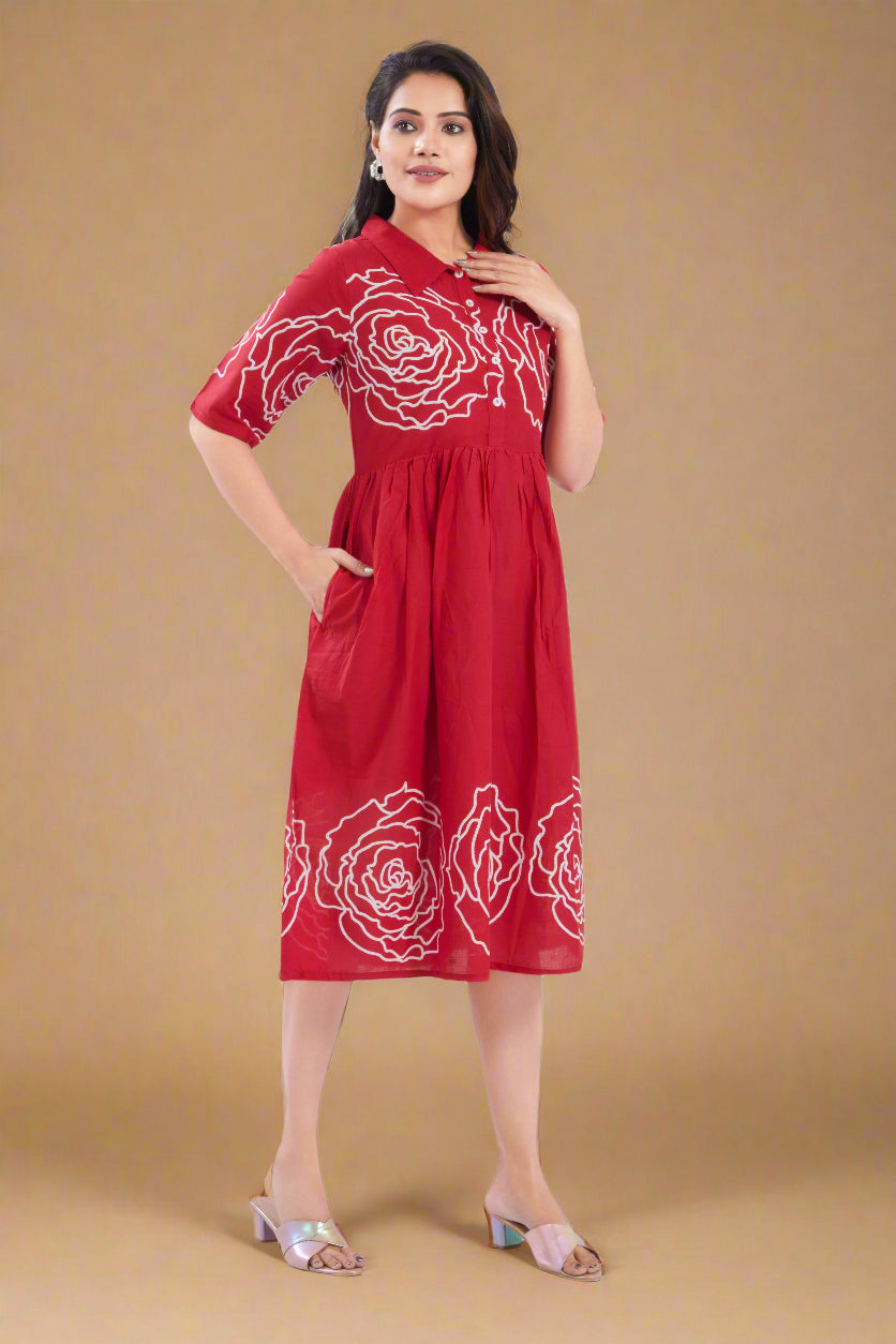 Red Cotton Jaipuri Printed Midi Dress