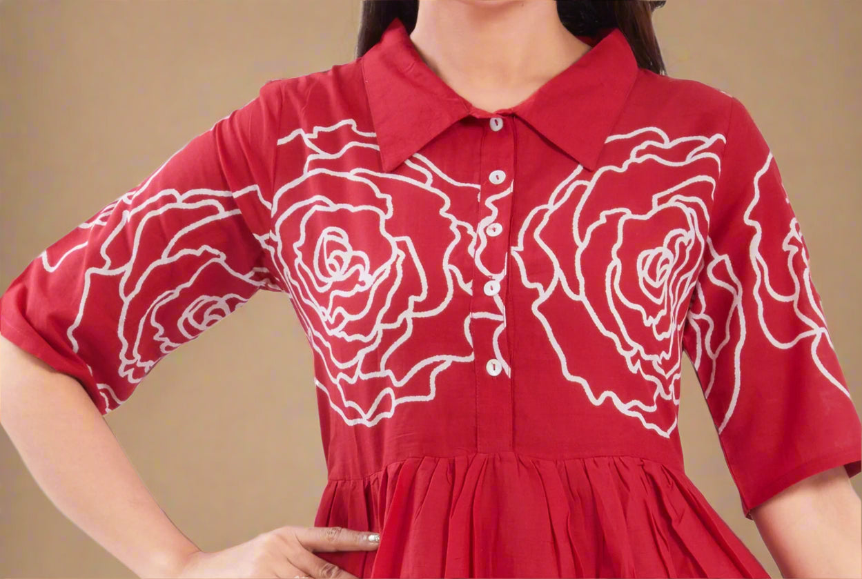 Red Cotton Jaipuri Printed Midi Dress