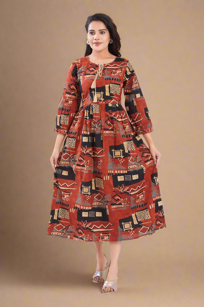Rust Cotton Jaipuri Printed Midi Dress