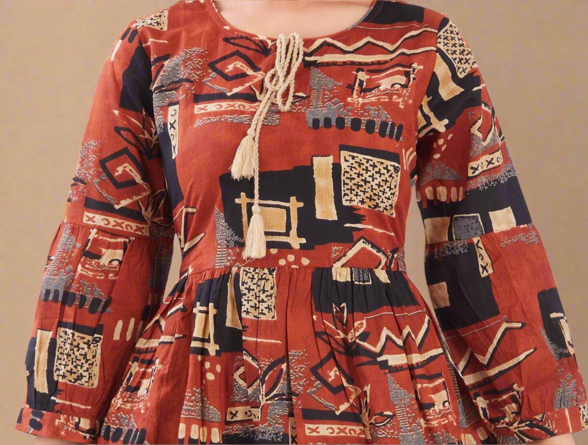 Rust Cotton Jaipuri Printed Midi Dress