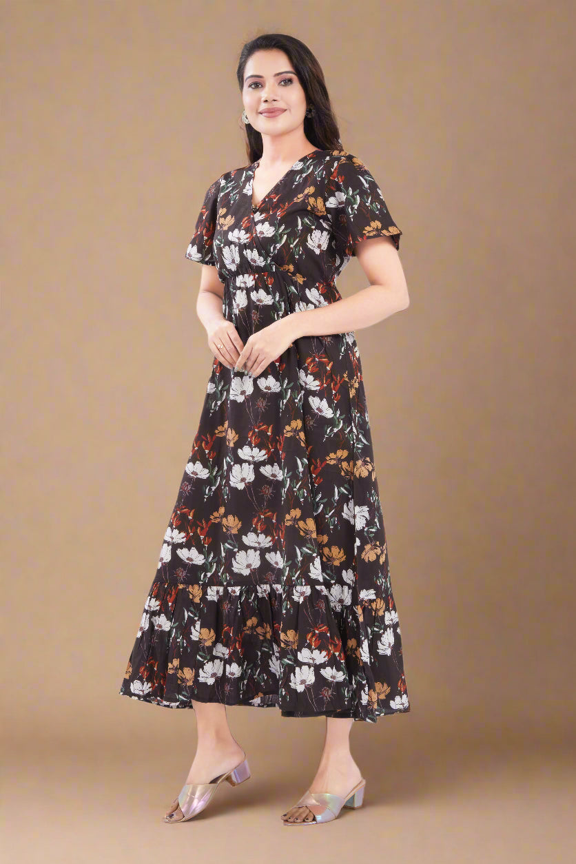 Brown Cotton Jaipuri Printed Midi Dress