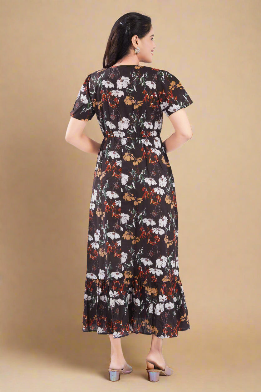 Brown Cotton Jaipuri Printed Midi Dress
