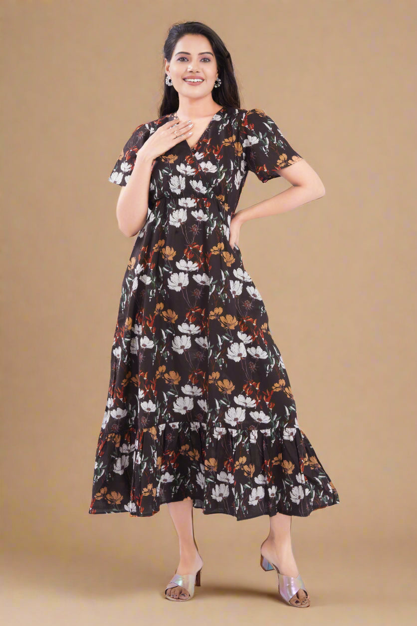 Brown Cotton Jaipuri Printed Midi Dress