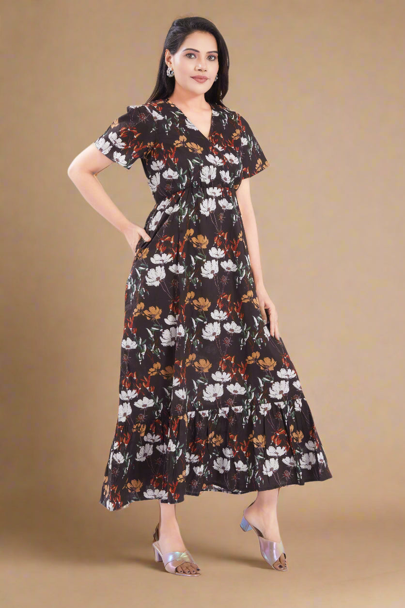 Brown Cotton Jaipuri Printed Midi Dress