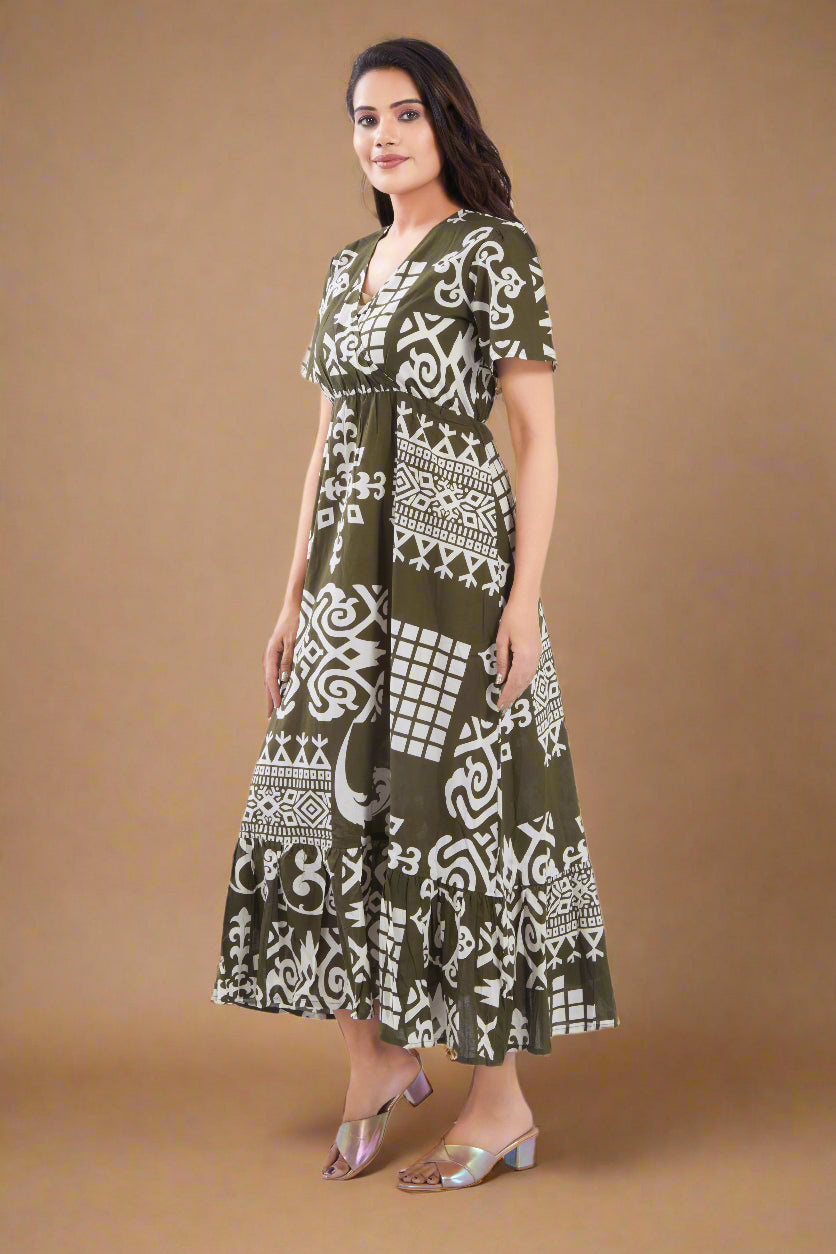 Olive Green Cotton Jaipuri Printed Ruffled Midi Dress