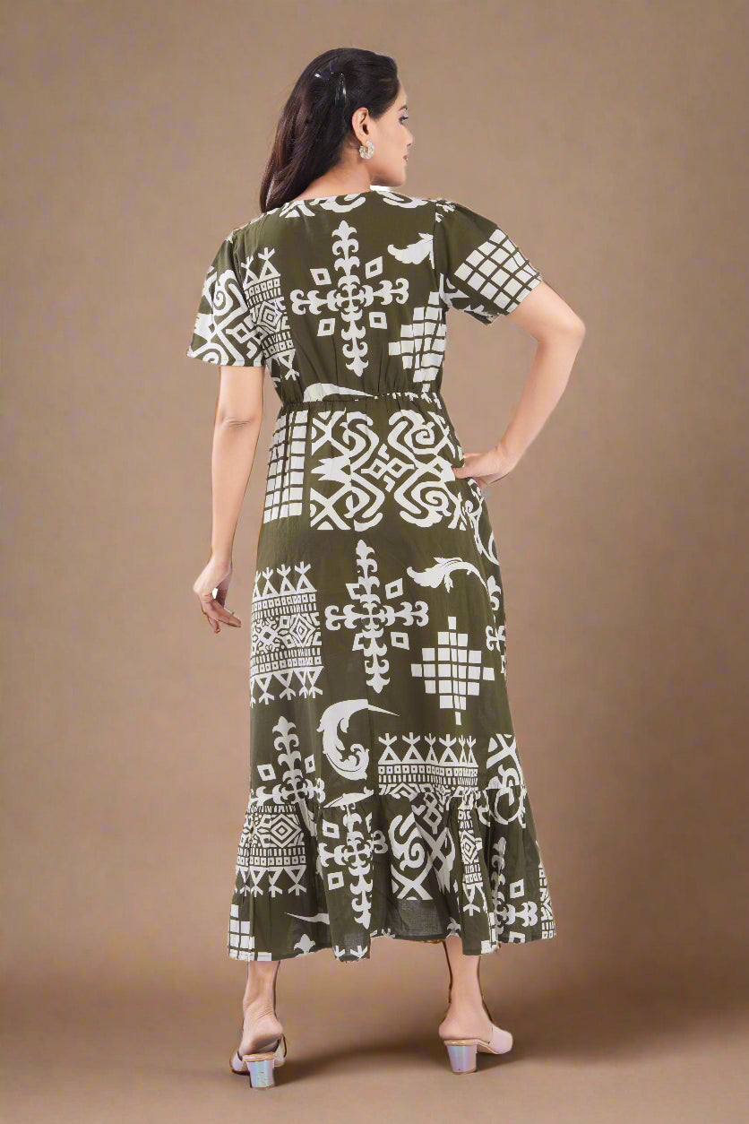 Olive Green Cotton Jaipuri Printed Ruffled Midi Dress