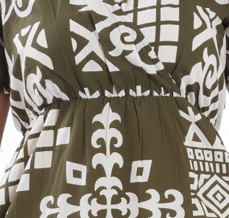 Olive Green Cotton Jaipuri Printed Ruffled Midi Dress