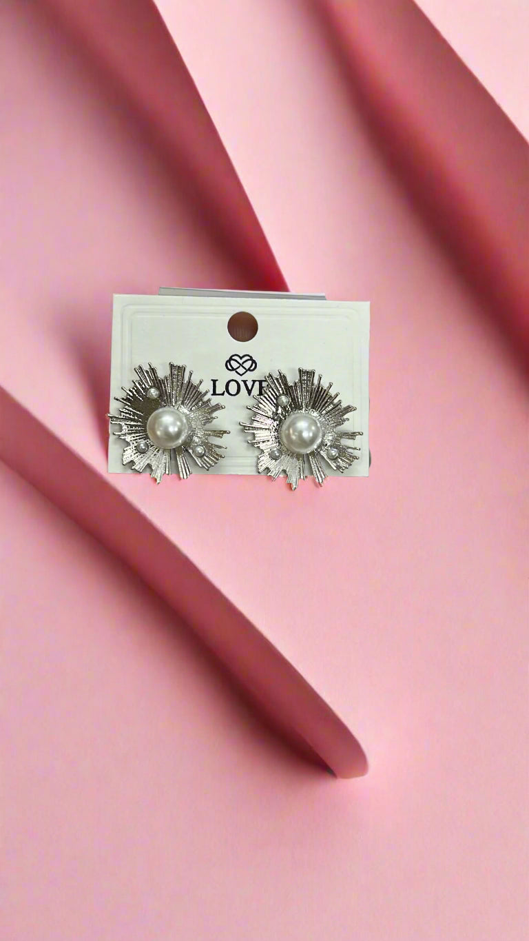 Radiant Silver Burst Pearl Stud Earrings