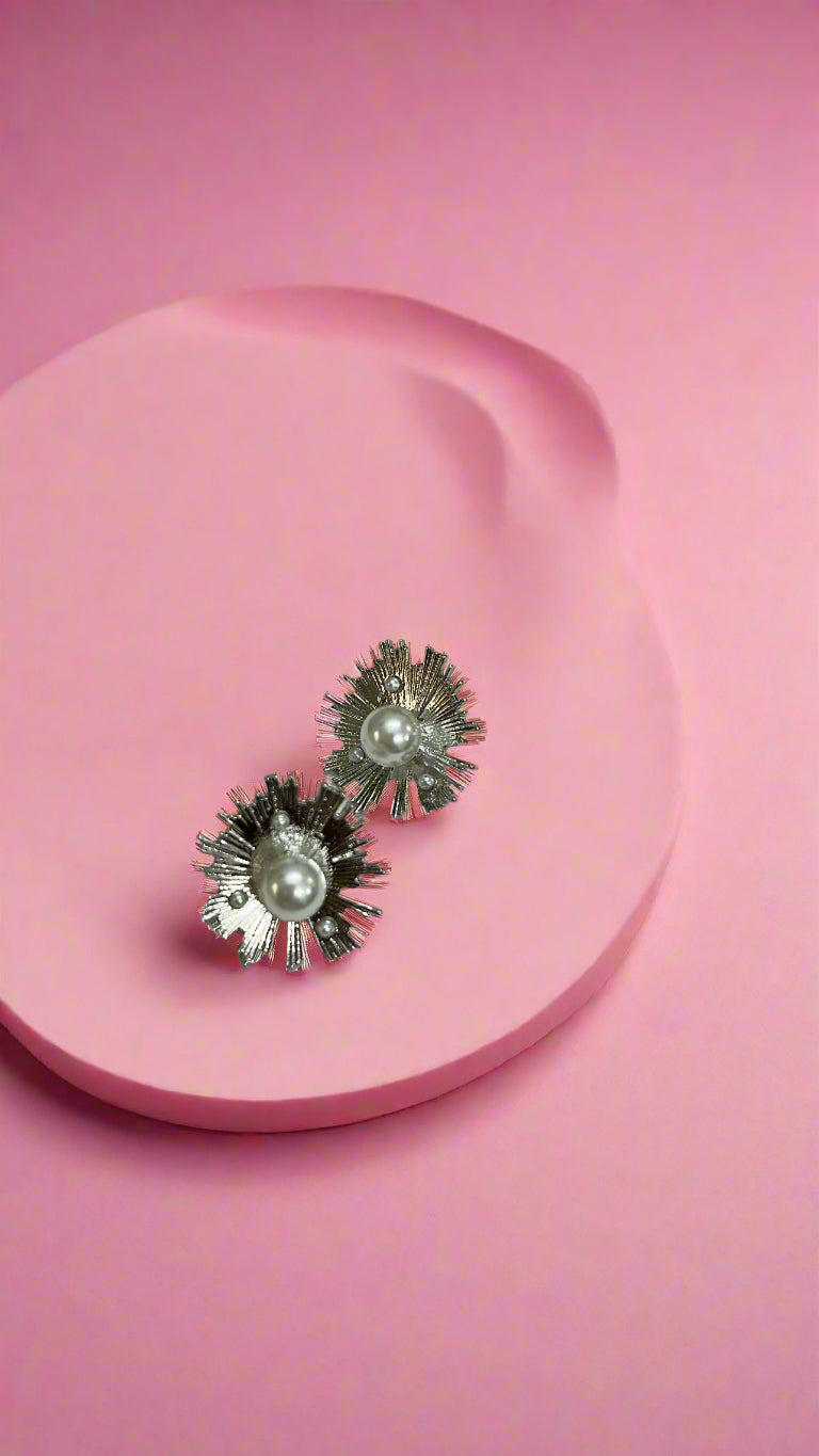 Radiant Silver Burst Pearl Stud Earrings